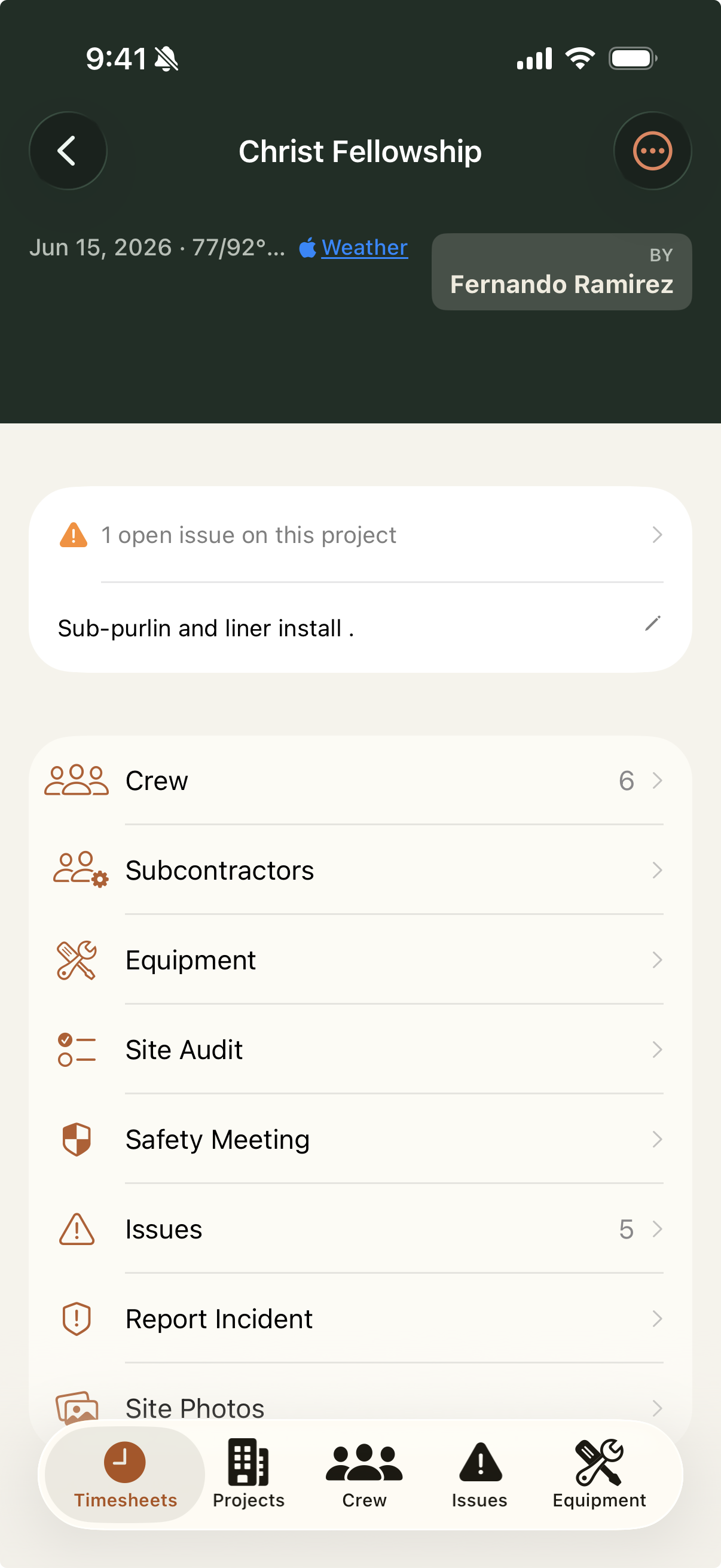 A CrewKeeper project overview — crew, subcontractors, equipment, audits, safety, and issues in one place.