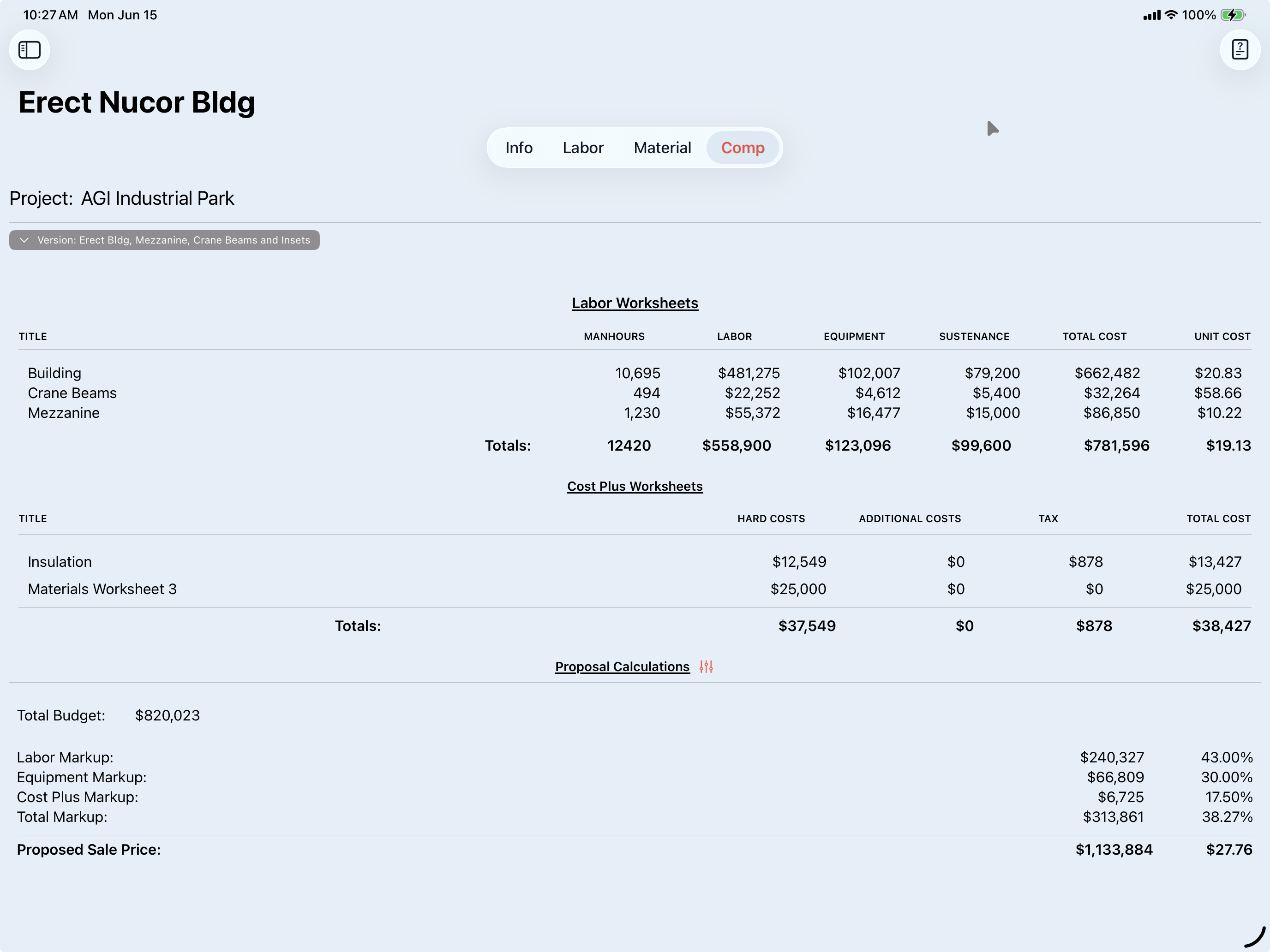 A YEStimator estimate summary on iPad — labor and materials worksheets, markups, and the proposed sale price.